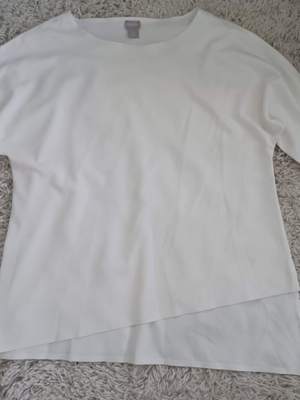 Chico's Size 2 L Tunic Top Ivory White Asymmetrical Layered Hem 3/4 Sleeve